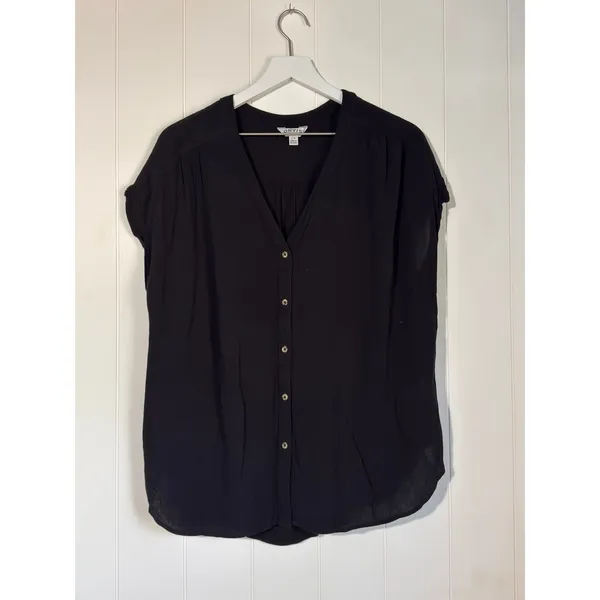 Orvis Black Rayon Button Front Blouse Relaxed V Neck Top Women’s Large - Image 3