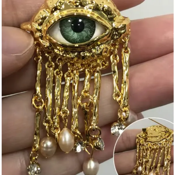 Schiaparelli Inspired Surrealist Evil Eye Brooch Pearl Tassel - NEW - Image 2