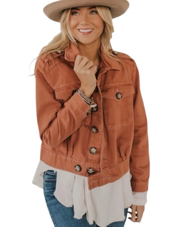 Free People Denim Jean Jacket Button Front Terracotta Orange Women’s Size Medium - Image 5
