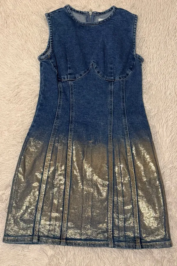 Forever 21 Metallic Gold Ombre Foil Sleeveless Denim Mini Dress - Size XS - NWOT - Image 10