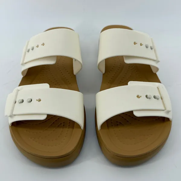 Crocs Brooklyn Buckle Low Wedge Sandal White Tan Women 6 Slip On Flip Flop New - Image 2