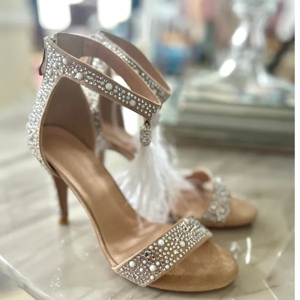 Nude & Crystal White Feather Tassel Ankle Strap Stiletto Sandal Heel Bridal - Image 2