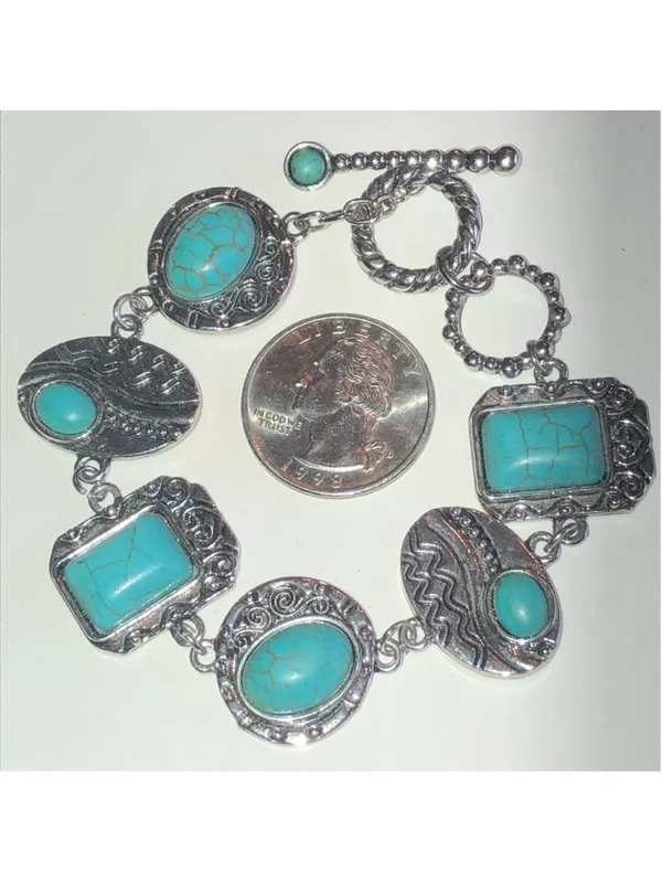Turquoise Color and Silver Tone Boho Western Bracelet - Image 5