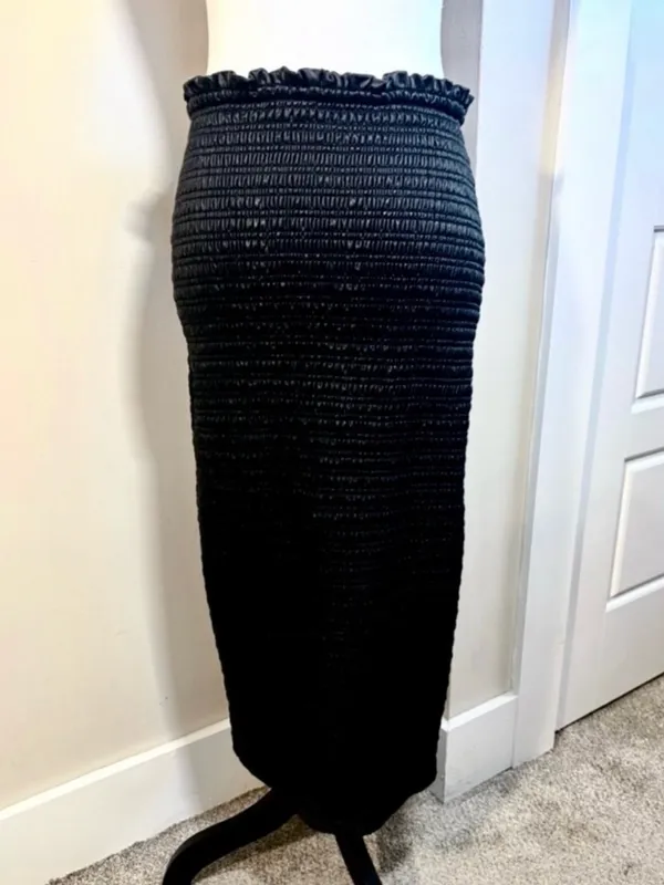 ALC Frank Jaclyn Vegan Leather Smocked Midi Pencil Skirt Black Tie Waist Sz 6 - Image 5