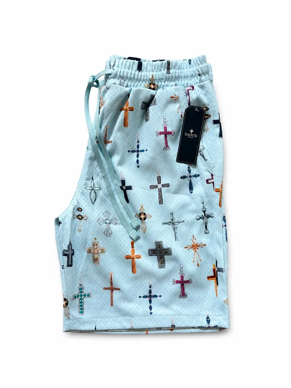 Saints Studio Mesh Shorts – Light Blue Cross Print - Image 5