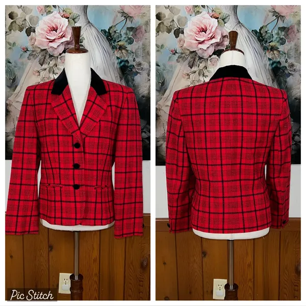 Awesome Vintage 1980s Velvet Trim Pendleton Plaid Wool Blazer! - Image 2