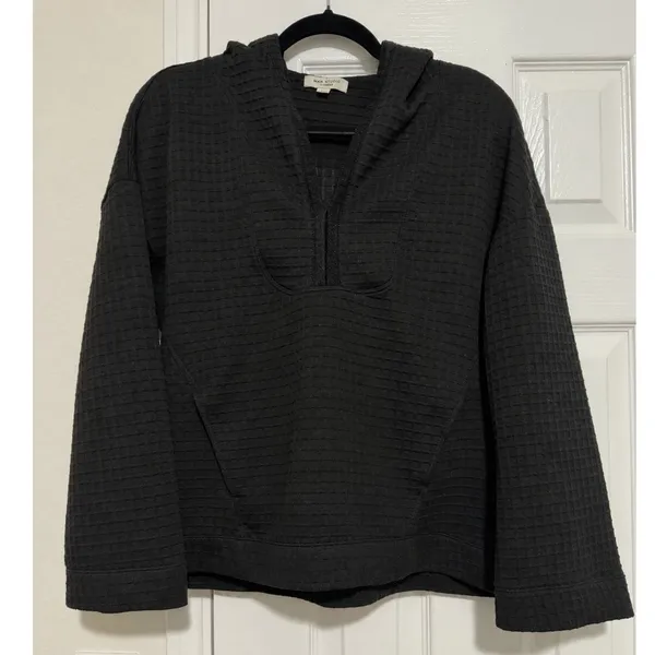 Max Studio London Black Waffle Knit Hooded Pullover Top Kangaroo Pocket Small - Image 2