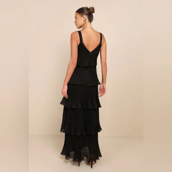 LULU’S Elegant Nature Black Pleated Sleeveless Tiered Maxi Dress - Image 5