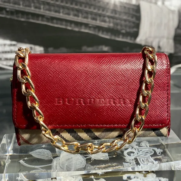 Authentic Rare Burberry Red Leather Nova Check Key Case - Image 2