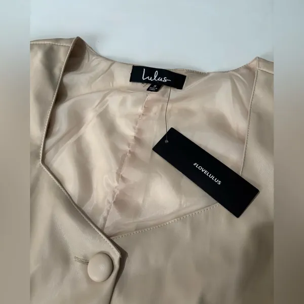 Lulus Beige Faux Leather Puff Sleeve Button Front Mini Dress - Image 5