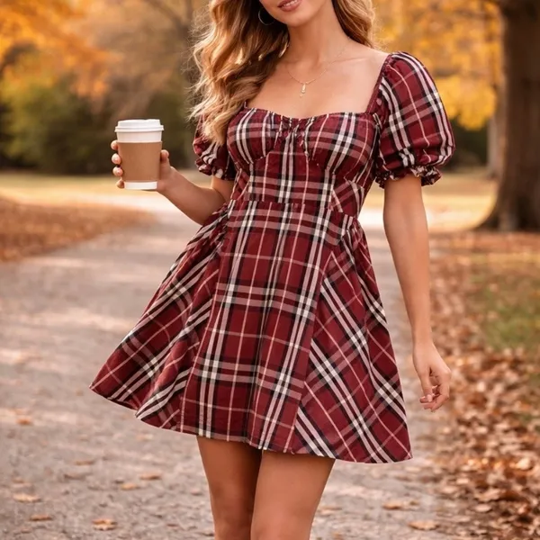 Anthropologie Maeve Burgundy Tartan Plaid Puff Sleeve Mini Dress Women’s Small - Image 3