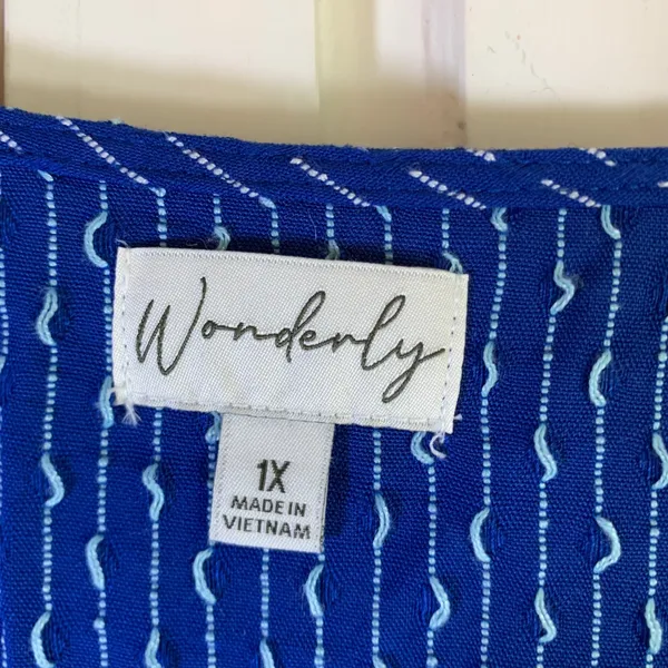Wonderly‎ Womens 1X Royal Blue Textured Dashed V-Neck Button Front Ruffle Blouse - Image 2