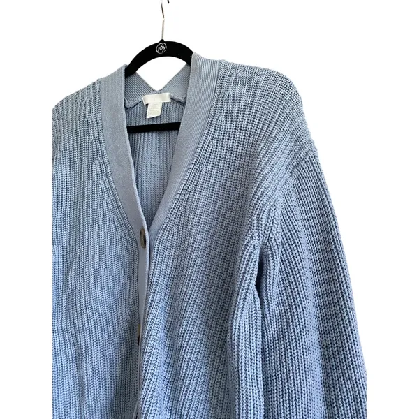 H&M Boxy Drop Shoulder Knit Cardigan Sweater Blue Size Small - Image 2
