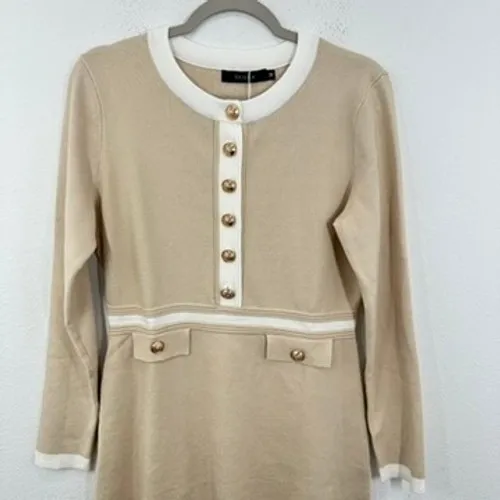ZESICA‎ Preppy Ladylike Sweater Dress Medium Beige White Gold Buttons Mini NWT - Image 6