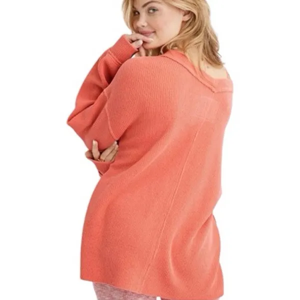 AERIE Wonder Textured V-Neck Sweatshirt Women Small Peach Waffle‎ Knit Oversized - Image 2