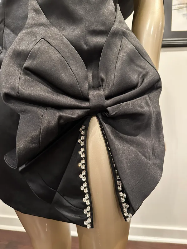 Satin Black Bow Mini Dress With Diamond Detailing - Image 2