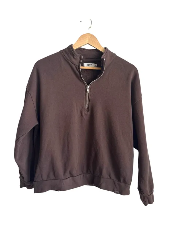 Set Active Chocolate Brown Half Zip Sweatshirt Womens Medium 100% Cotton Pullover - Image 2