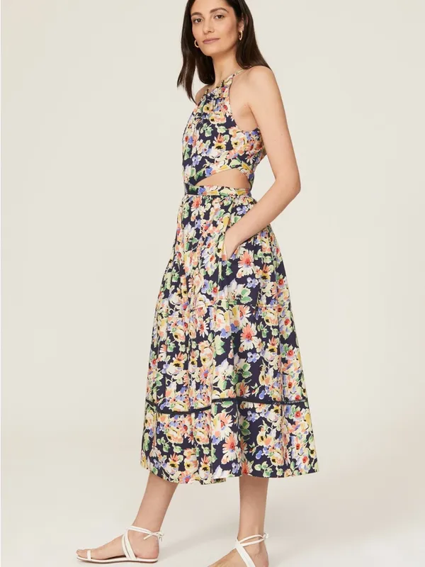 $195 SOMETHING NAVY Floral Midi Dress with Cutouts - Size S - Image 3