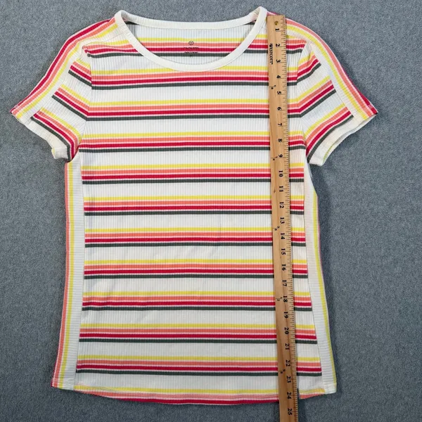 T by TALBOTS Women's M Striped Rib-Knit Short Sleeve T-Shirt Top White Red - Image 4