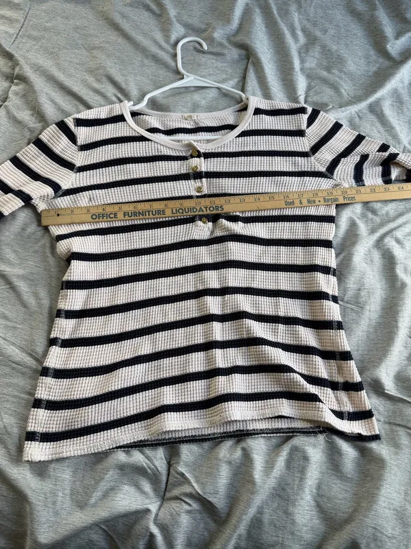 J. Crew Womens Waffle Thermal Henley Top Shirt Striped Blue Ivory Gold Button M - Image 9