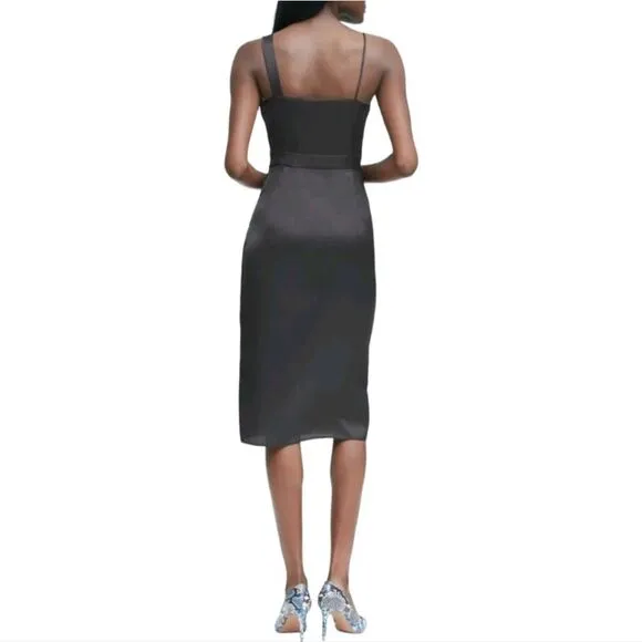 Banana‎ Republic -738 Faux Wrap Slip Dress Asymmetrical shoulder Black Satin 4 - Image 2