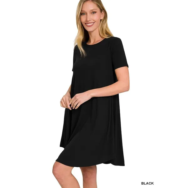 Zenana Short‎ Sleeve Round Hem A-Line Dress with Side Pockets - Large - Image 2