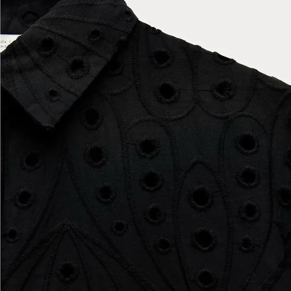 ZARA Eyelet Shirt XS Black Boho Coastal Button Up Embroidered Top - Image 6