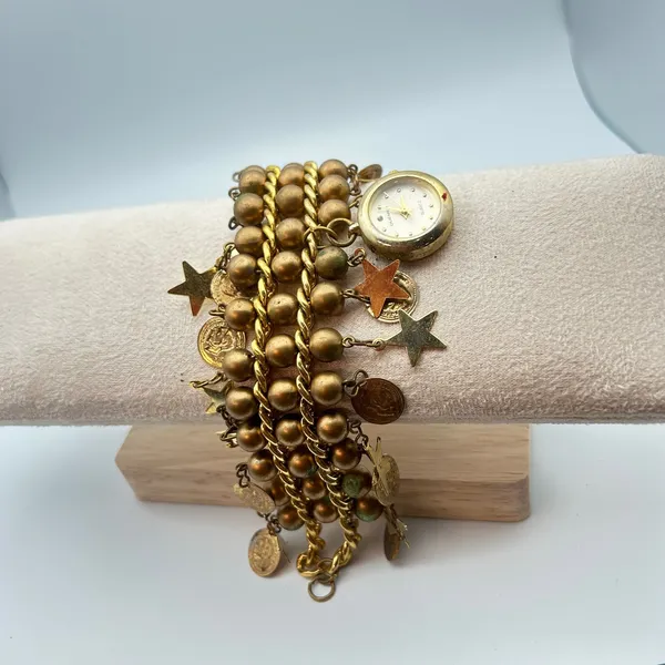 Vintage Enmex‎ Quartz Charm Bracelet Watch – Gold Tone Stars & Coins Boho - Image 13