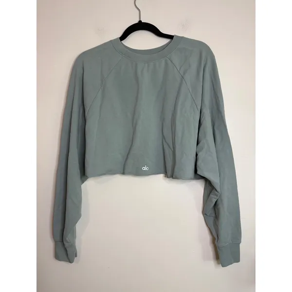 Alo Yoga Womens Sage Green Cropped Pullover‎ Sweatshirt Raw Hem Size M - Image 2