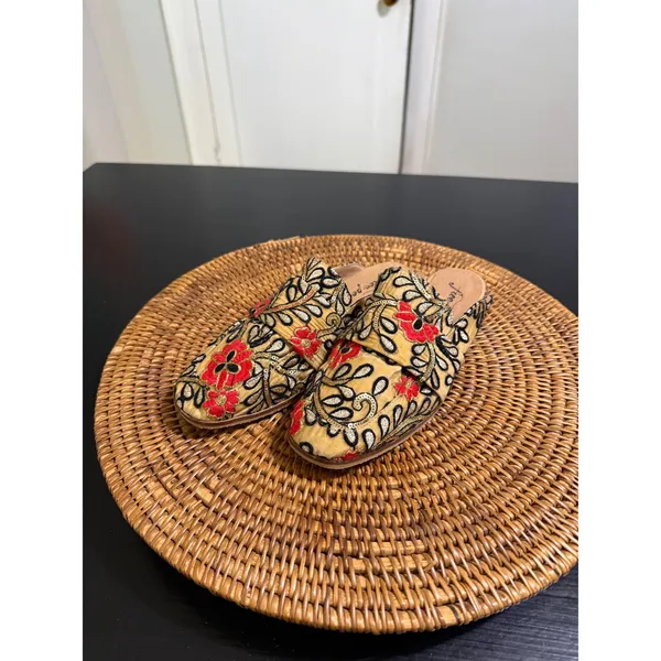 Free People At Ease Loafer Mules Yellow Floral Embroidered Sequin Flats Size 36 - Image 2