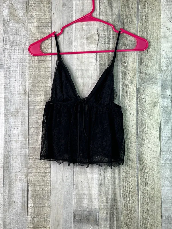 Victoria’s Secret Medium Black Lace Tie Front Spaghetti Strap Cropped Cami - Image 2