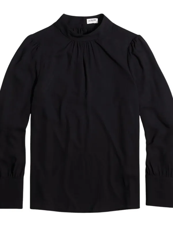 J. Crew Long-Sleeve Shirred Mockneck Top Blouse Women's XL Black Career Preppy - Image 3