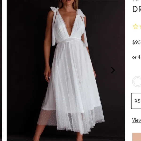 NWT One and Only Collective Tie Shoulder Mesh Tulle Dress Deep V Midi White Gown - Image 3