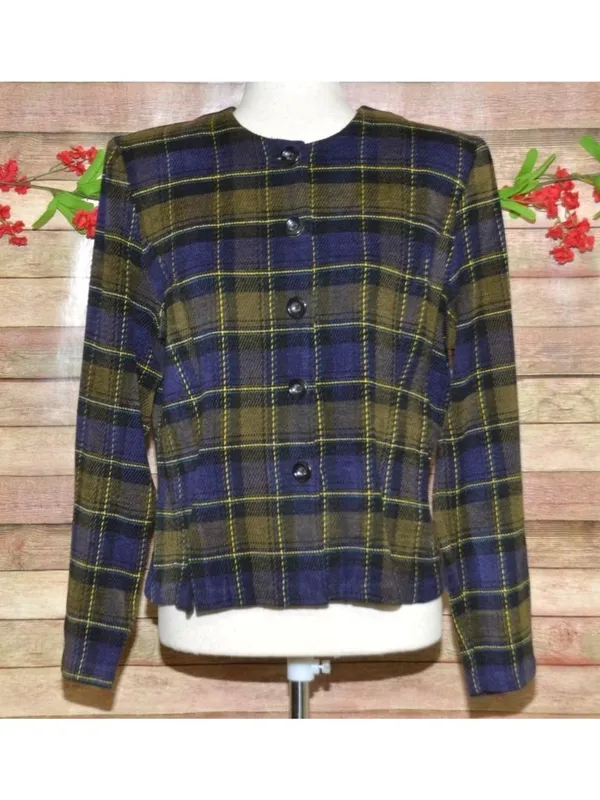 R&K Originals Womens 8 Plaid Jacket Navy Olive Acrylic Dark Academia Preppy - Image 2