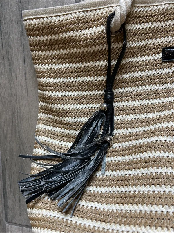 Rip Curl Beige and White Striped Rope Tote with Black Tassel - Image 3