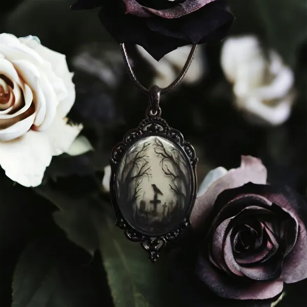 Gothic Crow Forest Cameo Pendant Necklace A Stylish‎ Rope Necklace - Image 4