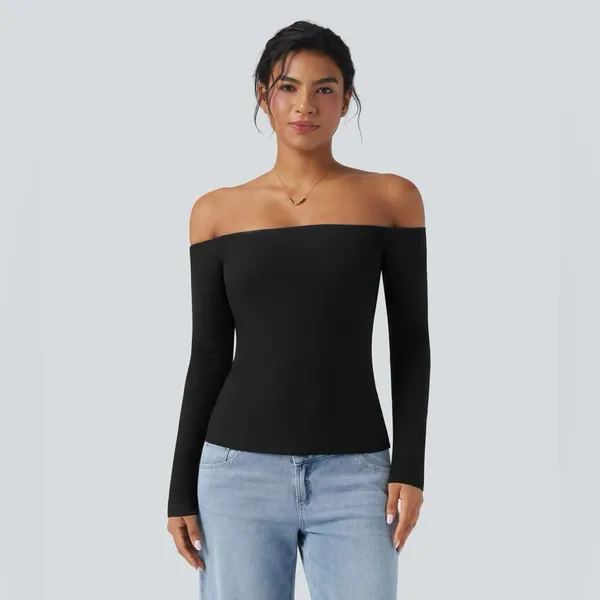 Halara Ribbed Knit Off-Shoulder Long Sleeve 2-in-1 Casual Top NWOT - small - Image 4
