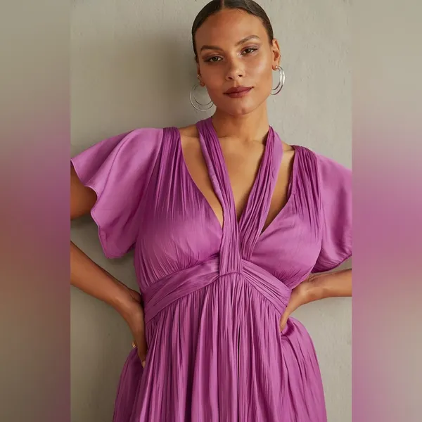 NWT by Anthropologie Purple Satin V Neck Vibrant Mini Dress Size 16‎ - Image 3