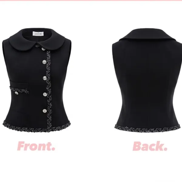 Luxury Navy Blue Gold Buttoned Formal Vintage Tweed Babydoll Slim Blazer Vest - Image 4