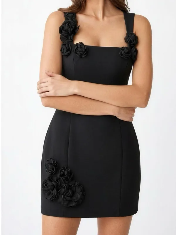 ELLIATT Trompe Floral Appliqués Mini Dress, Black, Medium - Image 2