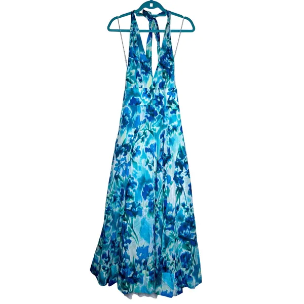 NWT DKNY Indigo Floral Halter Maxi Dress Blue Aqua Size 10 - Image 3