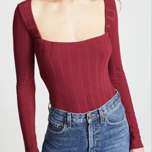Free People Intimately Wine Red Long‎ Sleeve Beside Me Ribbed Thong Bodysuit S - Image 9