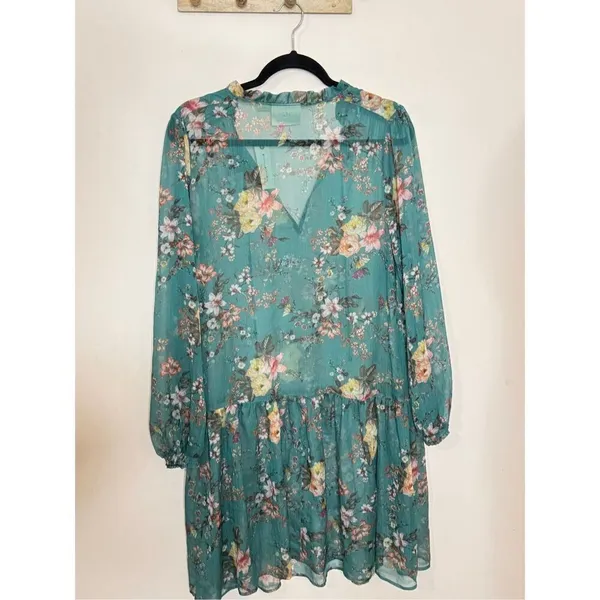 Anthropologie Maeve Emmy Teal Green Floral Printed Puff Sleeve Tunic Dress M - Image 5