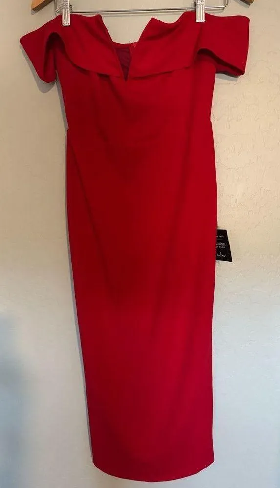 Lulus My Favorite Night Red Off-the-Shoulder Bodycon Midi Dress SMALL - Image 7