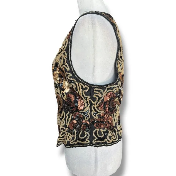 Vintage 90s‎ Black Tie Silk Beaded Metallic Sequin Open Front Vest Gold Bronze - Image 5