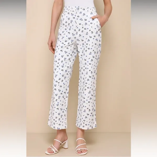NWT Lulus Everyday Personality Ivory Floral Print Twill High Rise Pants - Image 3
