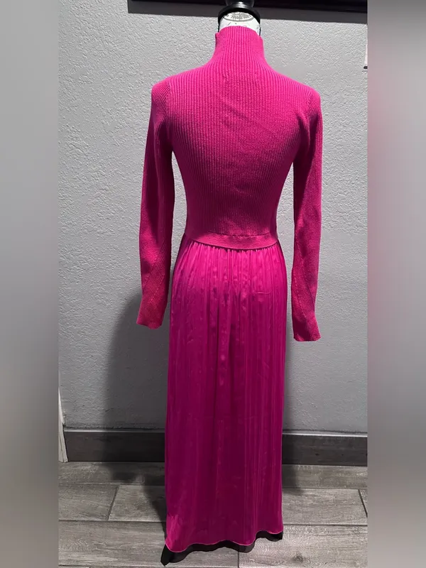 Anthropologie High-Neck Mockable Maxi Dress Fuchsia Knit dress & Pleated Skirt - Image 6