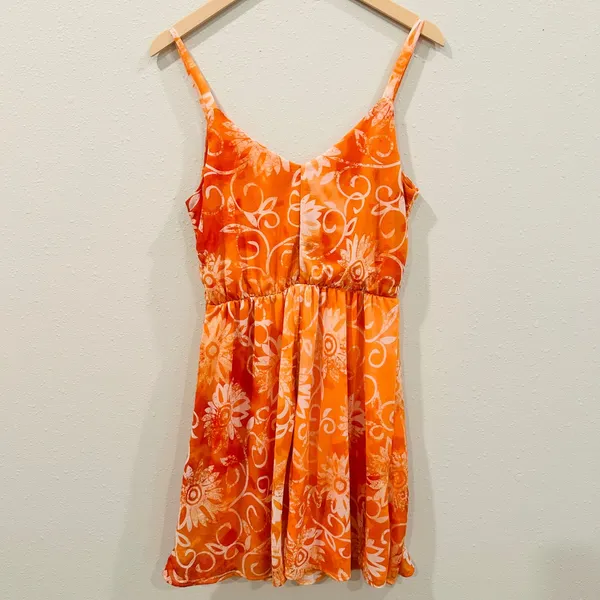 Maurice's Orange Floral Sunburst Dress V-Neck Spaghetti Strap Beach Mini Sundress- M - Image 4