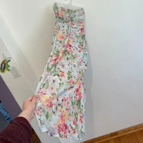 HAUTE MONDE Light Blue Pink Floral Semi Sheer Mesh Strapless Midi Dress ? w Slit - Image 12
