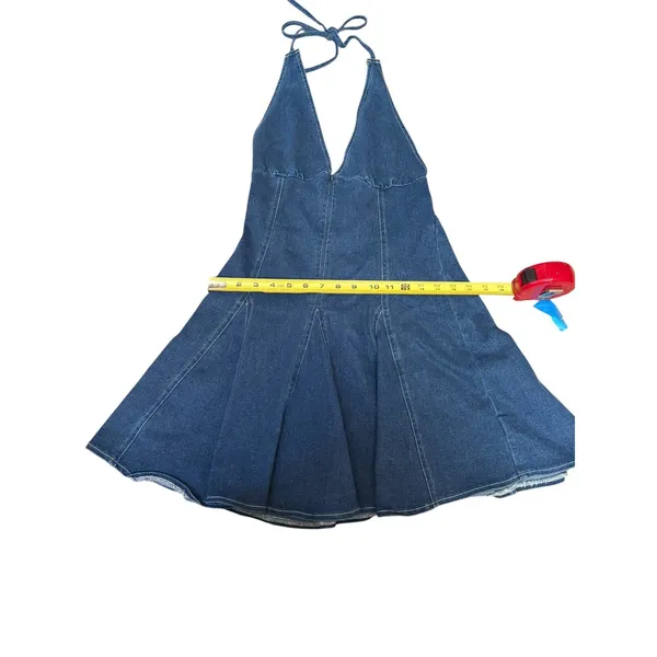 Blue Blush Halter Neck Pleated Denim Mini Dress Cowgirl Nashville Western Size S - Image 7